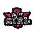 Patch for t-shirt with inscription Super. Fashion badge with crown, wings and hearts. Vector design element, sticker or patches i