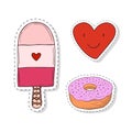 Patches elements with sweets girly elements. Vector doodle funny badges. Royalty Free Stock Photo