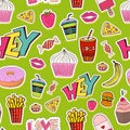 Patches seamless pattern with food. Modern wrapping paper. Textile teens print, stationery decor and wallpaper pattern design