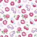 Patches seamless pattern. Stickers lips and cherry, love patch. Fabric prints, girly retro cloth or wallpaper. 90s