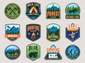 Patches for summer camp. Design for tourist traveling stickers banners. Vector illustration