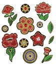 Patches for textile design or print with flowers, embroidered sequins, beads and pearls. Vector fashion illustrations. Royalty Free Stock Photo