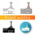 Patching works icon. Roadworks construction. Fill ground hole with shovel. Pothole in pavement. Surfacing and paving Royalty Free Stock Photo