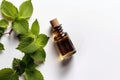 Patchouli Essential Oil In Small Brown Bottle Next To Patchouli On White Background, Top View. Generative AI