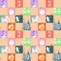 Patchwork for children. Vector animal seamless pattern with elephant, dragon, monkey, castle, crocodile, toys, and cake.