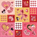 Patchwork colorful with hearts and butterfly. Seamless pattern. Golden glittering elements. Scrapbooking series. Royalty Free Stock Photo