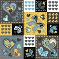 Patchwork colorful with hearts and butterfly. Seamless pattern. Golden glittering elements. Scrapbooking series.