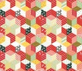 Patchwork. Colorful vector backdrop with cubes and stars. Seamless vector pattern.