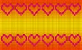 Patchwork or cross stitch pattern with six hearts in a row top and bottom with copy space and orange and yellow background Royalty Free Stock Photo