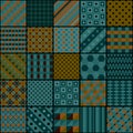 Patchwork in dark colors with square geometric patterns. Vector drawing Royalty Free Stock Photo