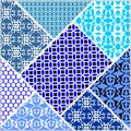 Patchwork decorative vector abstract tile in style stitched textile patches with different ornament in blue and white