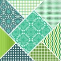 Patchwork decorative vector abstract tile in style stitched textile patches with different ornament in blue and white