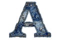 Patchwork denim letter A with visible stitches and fabric panels, handmade alphabet patch on white Royalty Free Stock Photo