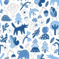 Patchwork denim woodland seamless pattern illustration