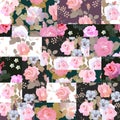 Patchwork design with beautiful rose and pansy flowers and buds. Seamless vector pattern Royalty Free Stock Photo