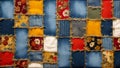 Patchwork fabric colorful denim jeans cloth texture close-up.Scrappy quilt vintage background.