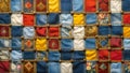 Patchwork fabric colorful denim jeans cloth texture close-up.Scrappy quilt vintage background. Royalty Free Stock Photo