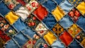 Patchwork fabric colorful denim jeans cloth texture close-up.Scrappy quilt vintage background.