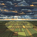 Patchwork fields stretch across the landscape depicted in an illustrative Royalty Free Stock Photo