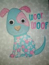 Patchwork puppy google eyes blue pink white black woof