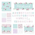 Patchwork girly decorative elements big set. Shabby chic textile font and seamless pattern collection. Different fabric pieces col Royalty Free Stock Photo