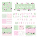 Patchwork girly decorative elements big set. Shabby chic textile font and seamless pattern collection. Different fabric pieces col