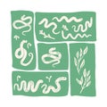 Patchwork green poster with snakes elements arranged in rectangular segments isolated on white background. Vector hand drawn