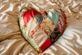 a patchwork heart made from satin fabrics on silk bedding Royalty Free Stock Photo