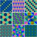 Patchwork from nine geometric multicolored patterns. Vector design