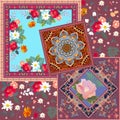 Patchwork pattern with abstract ethnic ornament and different floral prints