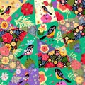 Patchwork pattern with birds and exotic flowers. Bright fashion print Royalty Free Stock Photo