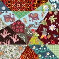 Patchwork pattern from bright patches with cute elephants, monkeys, cranes, raccoon and flowers.