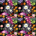 Patchwork pattern with cosmos, rose, daisy and bell flowers and leaves