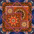 Patchwork pattern in ethnic style. Bandana print with flower mandala and ornamental frame, unique carpet, pillowcase Royalty Free Stock Photo