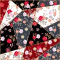 Patchwork pattern from fabrics with rose flowers. Quilt design for bandana print, cushion, rug