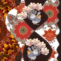 Patchwork pattern with fairy doves, paisley, flowers and bright oriental ornament in vector. Print for fabric