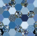 Patchwork pattern with floral and denim patches in blue colors. Seamless design for fabric and textile