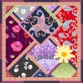 Patchwork pattern with flowers, birds, paisley and ornamental frame. Vintage decorative elements. Greeting card, doily, carpet