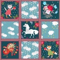 Patchwork pattern for kids with cute cartoon animals, clouds and ornamental frames