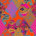Patchwork pattern with Paisley ornament patterns. Bright magenta and orange colors.