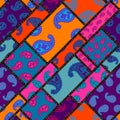 Patchwork pattern with Paisley ornament patterns. Bright magenta and orange colors.