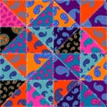 Patchwork pattern with Paisley ornament patterns. Bright magenta and orange colors.