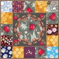 Patchwork pattern with stylized mandala and patchs with various flowers. Pillowcase, scarf, rug, greeting or invitation card. Royalty Free Stock Photo