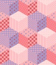 Patchwork in pink and lilac tones with floral and geometric patches. Seamless pattern from cubes.