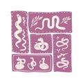 Patchwork poster with snakes elements arranged in rectangular segments isolated on white background. Vector hand drawn