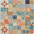 A patchwork quilt displaying an array of geometric patterns and floral designs. The Royalty Free Stock Photo