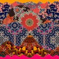 Patchwork quilt. Endless pattern with bright oriental ornaments and red flowers in vector. Print for fabric