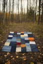 Patchwork Quilt on Forest Floor in Autumn Captures Rustic Charm and Warmth. Royalty Free Stock Photo