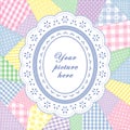 Patchwork Quilt, Oval Eyelet Lace Doily Frame Royalty Free Stock Photo