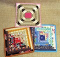 Patchwork of scraps and threads. Square napkins with decorative fabric patches .